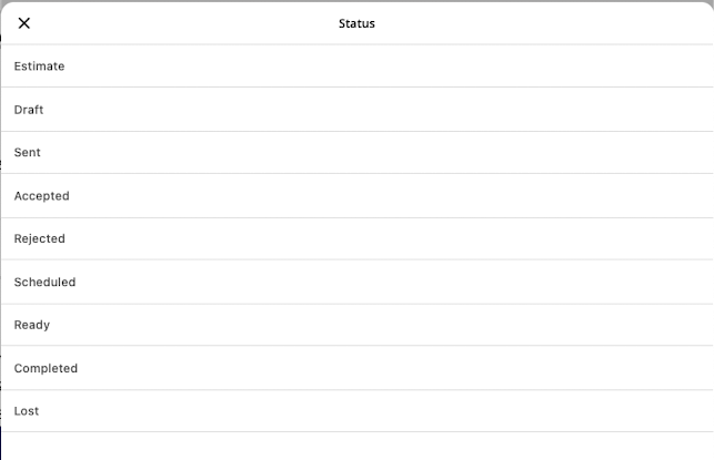 Estimate list showing Draft, Sent, and Accepted status labels per record