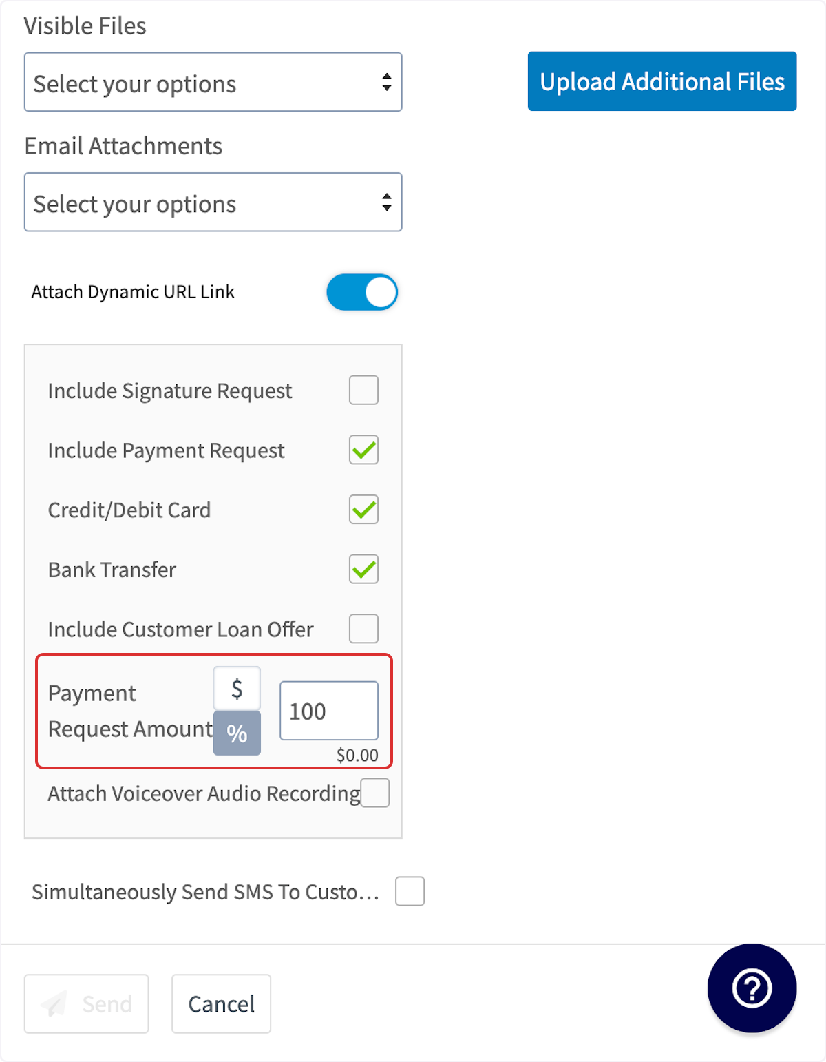 Setting a payment request amount or percentage on an estimate preview