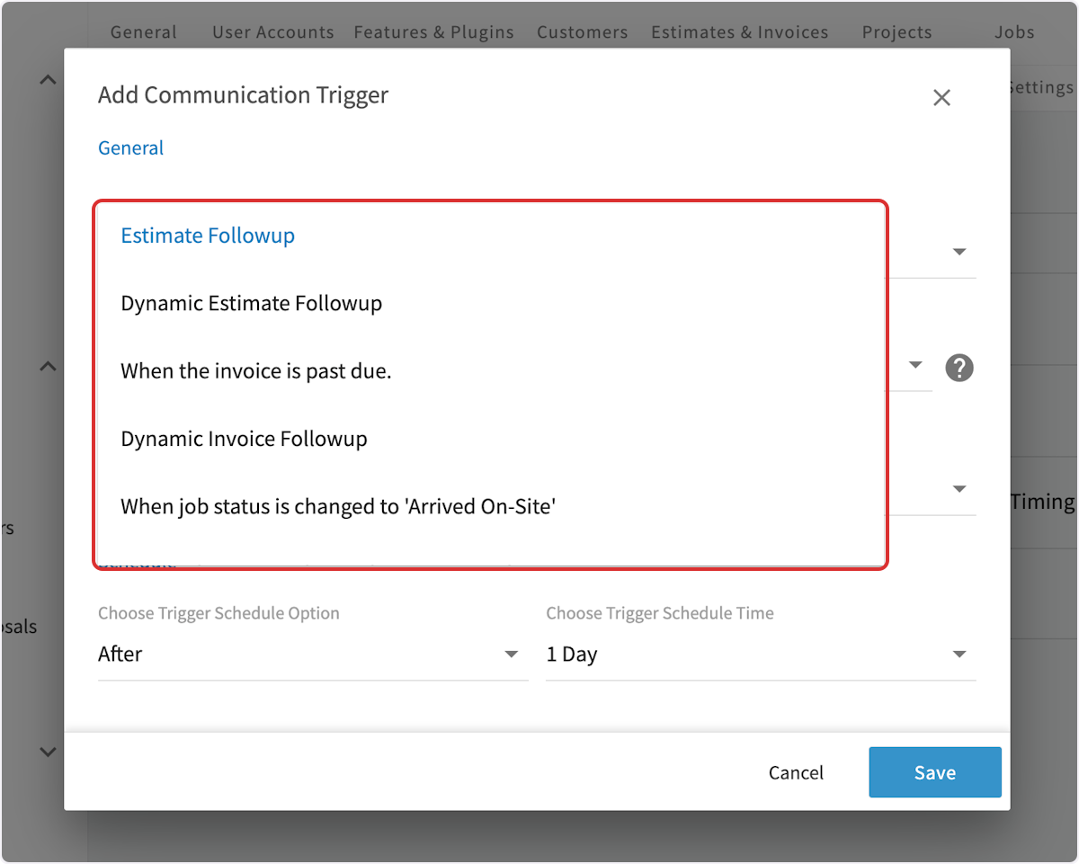 Dynamic estimate and invoice link setting for automatic customer communications