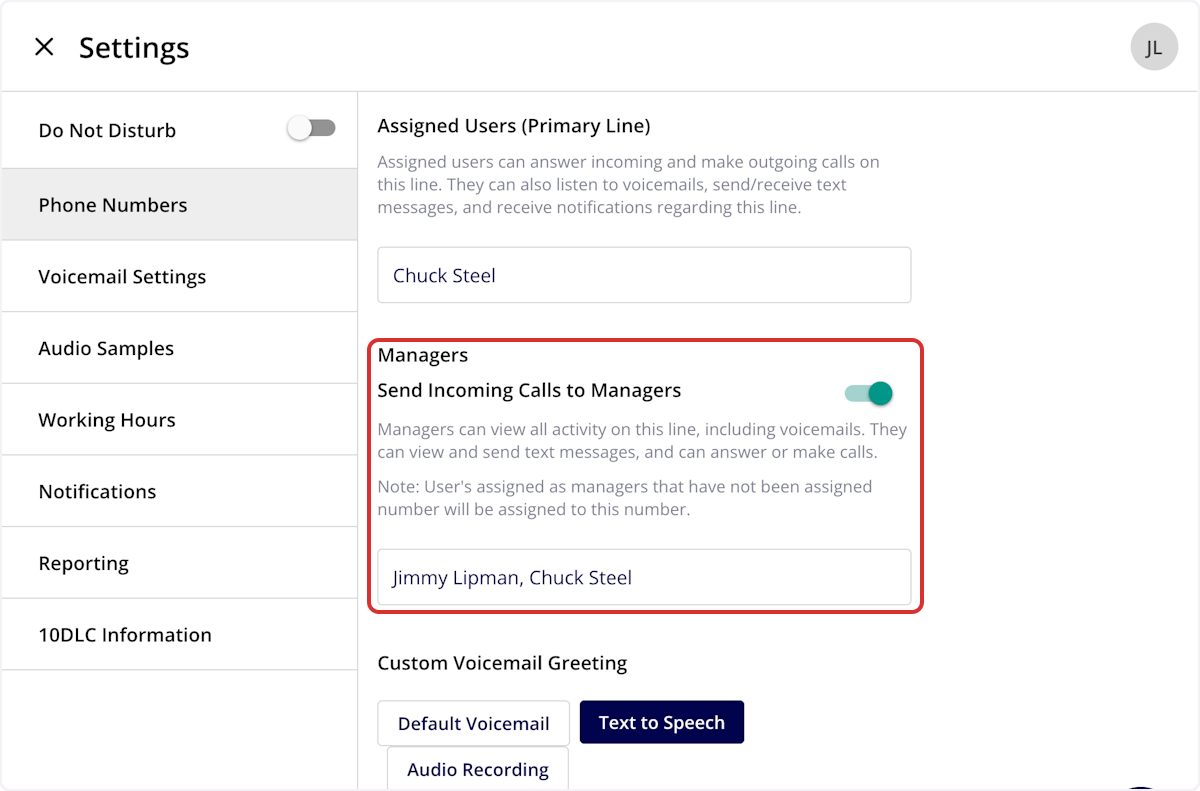 Engage toggle to send incoming calls to managers