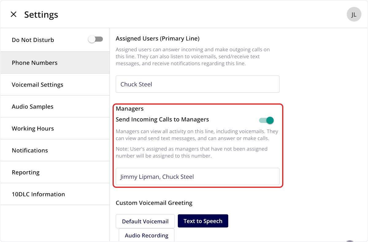 Engage toggle to send incoming calls to managers