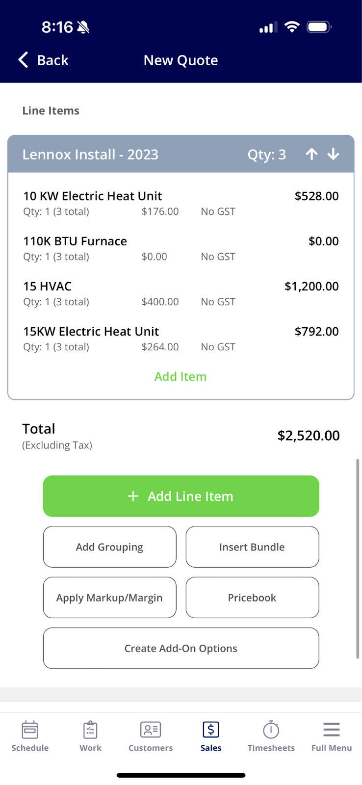 Up and down arrows adjusting grouping quantity on an estimate or invoice