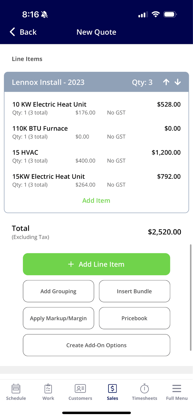 Up and down arrows adjusting grouping quantity on an estimate or invoice