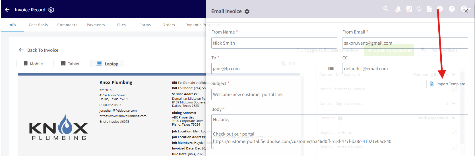 Selecting an email template when sending an estimate or invoice