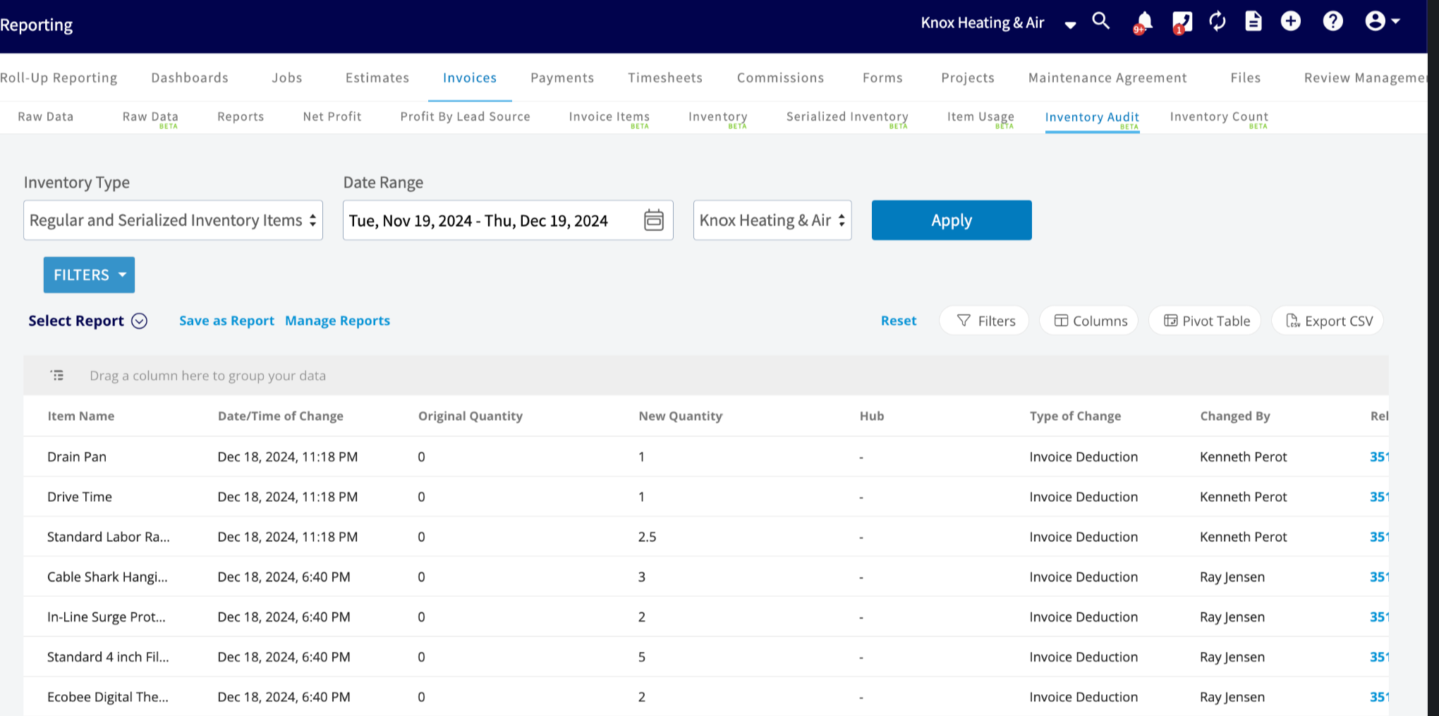 The Inventory Audit Report showing inventory change history