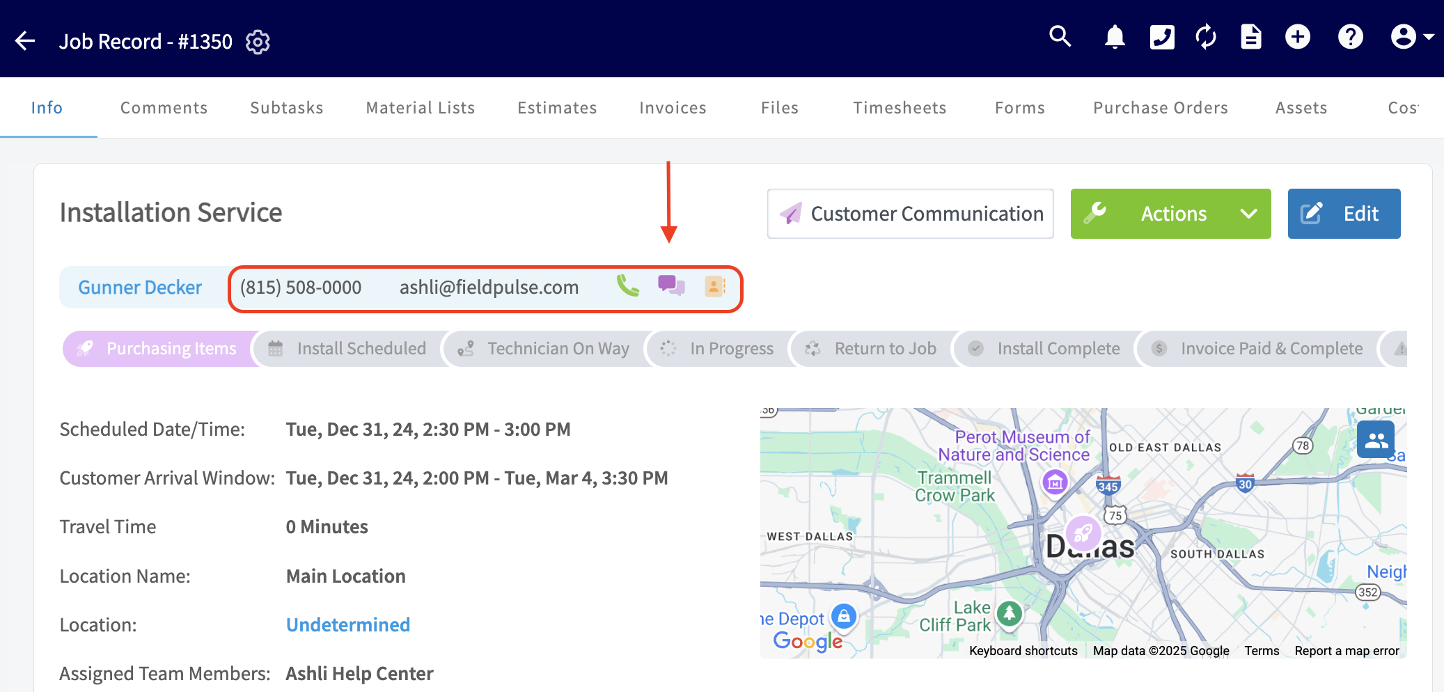 Call, SMS, and email icons displayed on a customer record