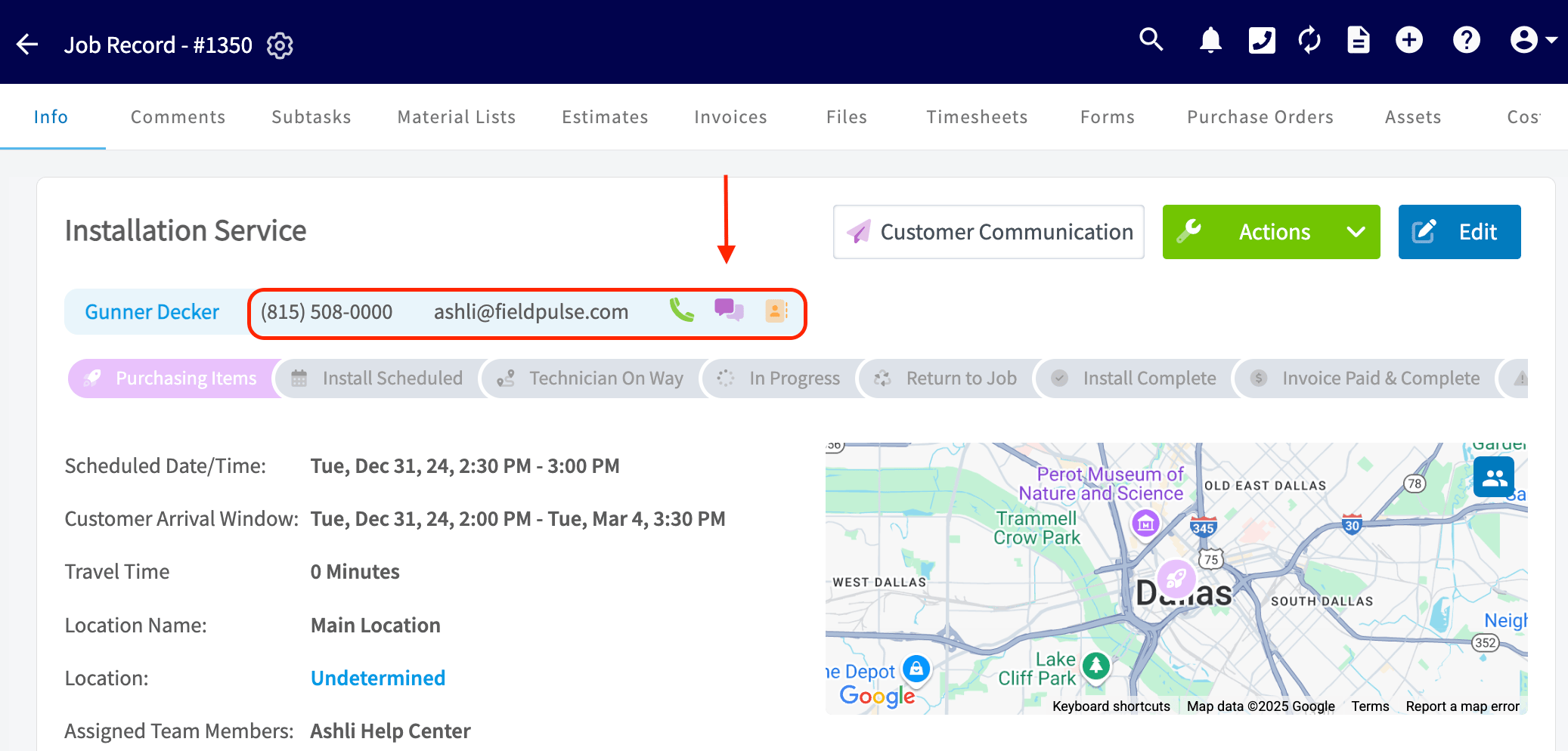 Call, SMS, and email icons displayed on a customer record