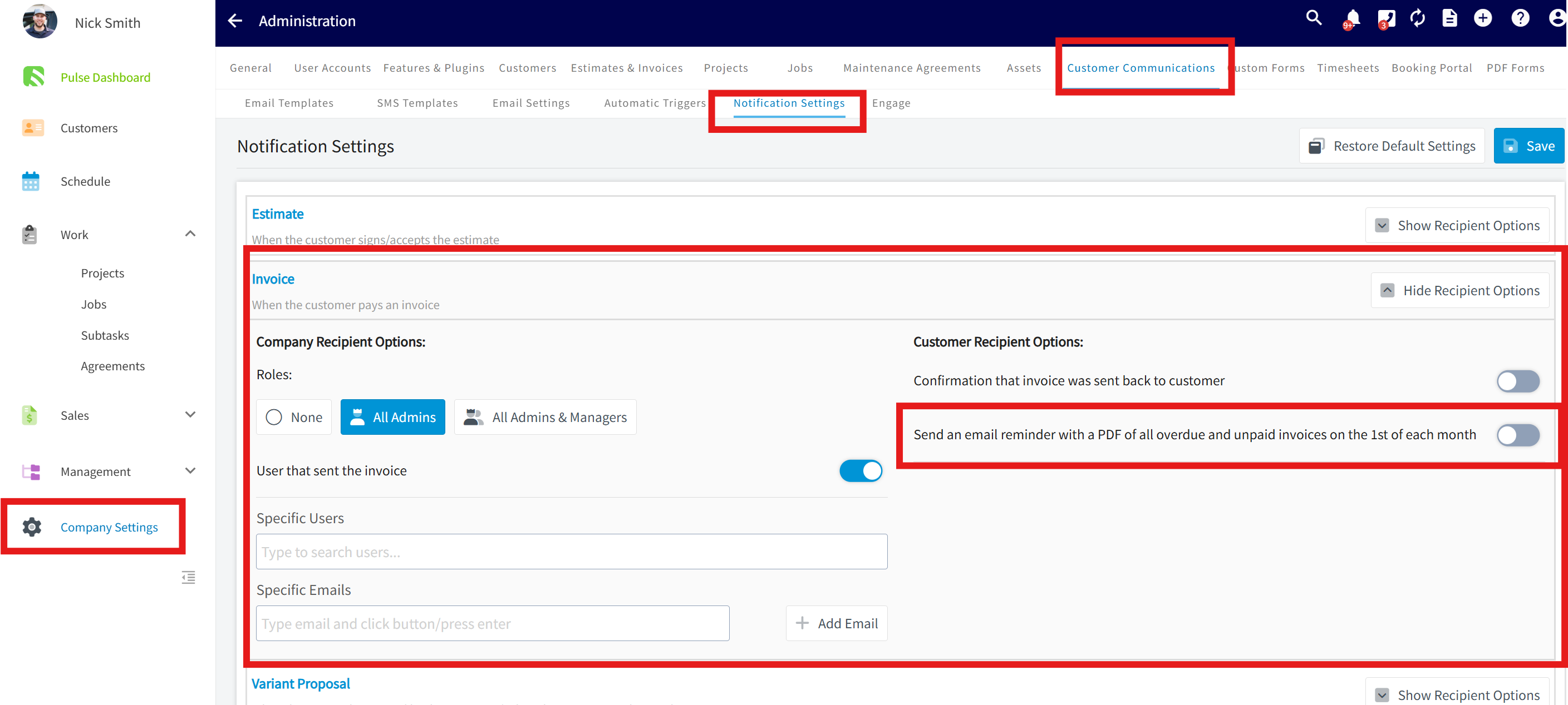 Customer Communication Notifications settings with overdue invoice email reminder toggle