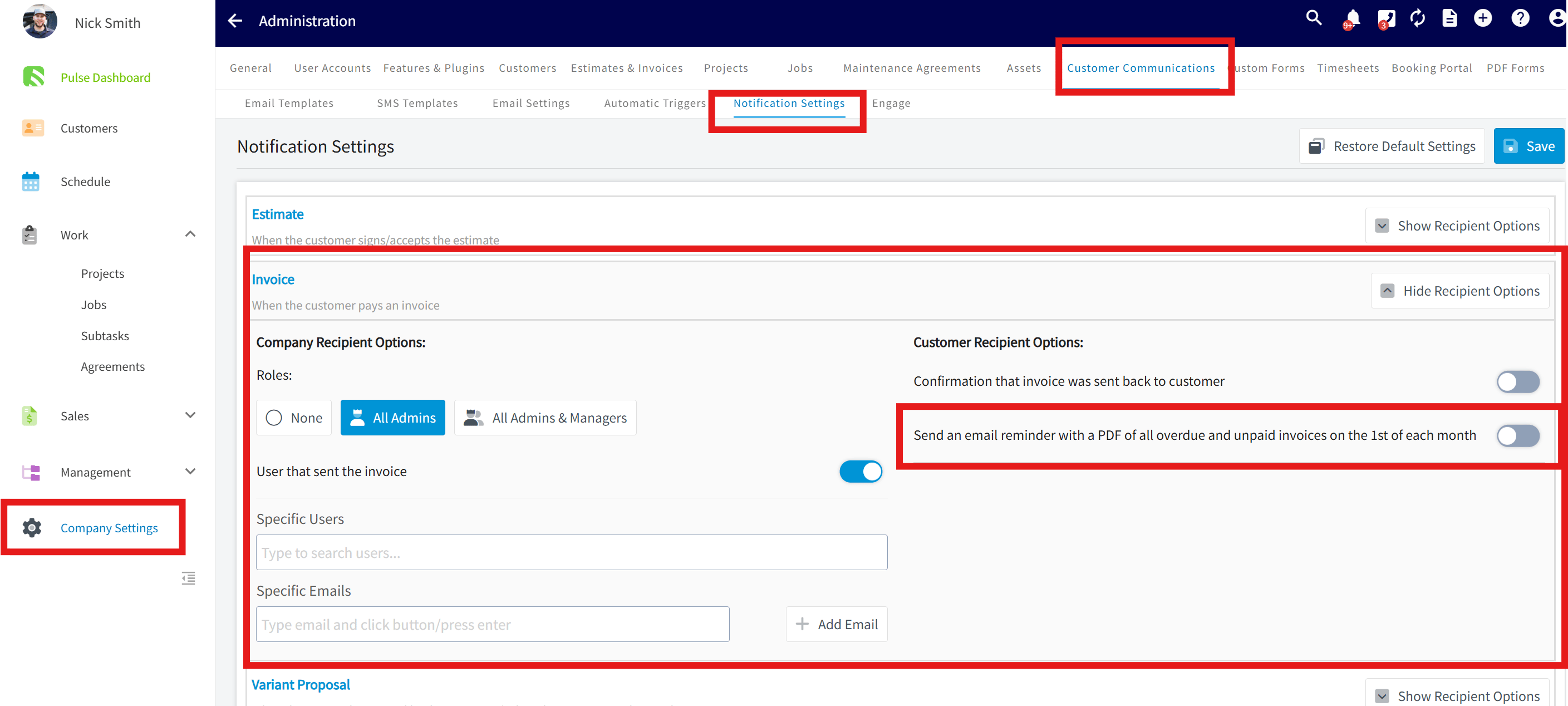 Customer Communication Notifications settings with overdue invoice email reminder toggle