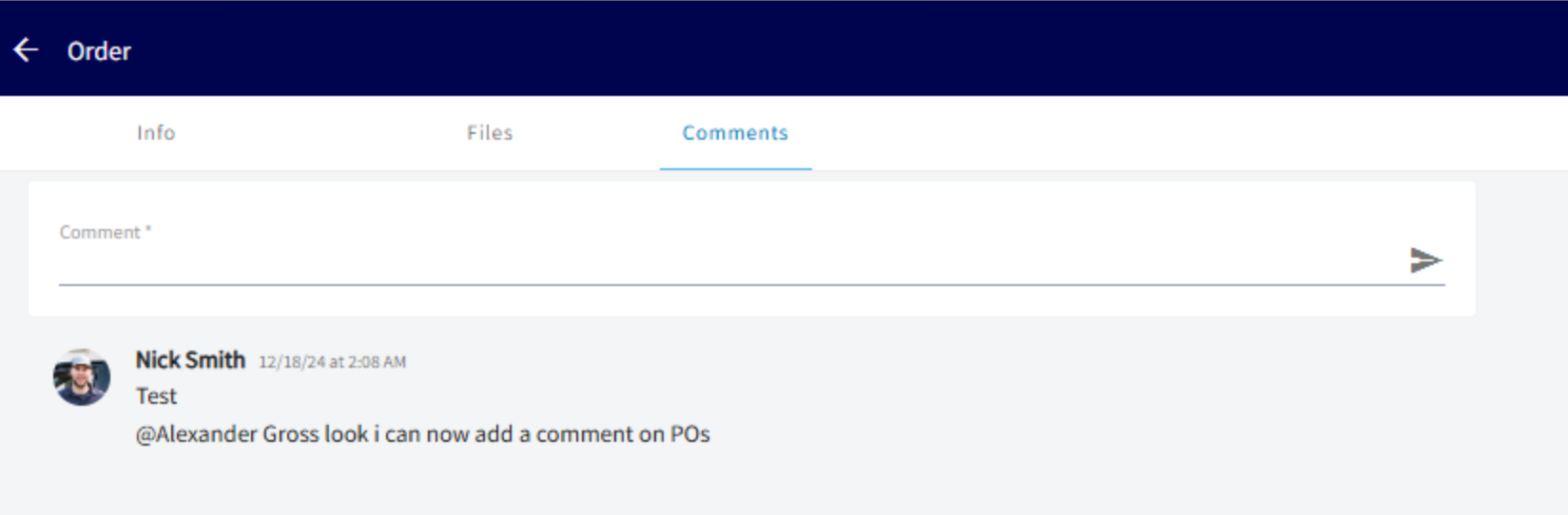 Comments thread with team mentions on a purchase order
