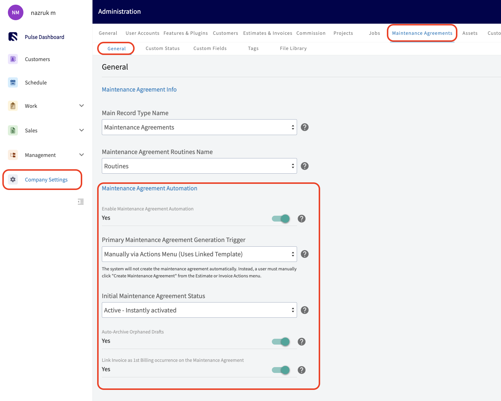 The Maintenance Agreements tab in Company Settings on the General sub-tab, with the Maintenance Agreement Automation section showing Enable Maintenance Agreement Automation, Primary Maintenance Agreement Generation Trigger, Initial Maintenance Agreement Status, Auto-Archive Orphaned Drafts, and Link Invoice as 1st Billing occurrence on the Maintenance Agreement