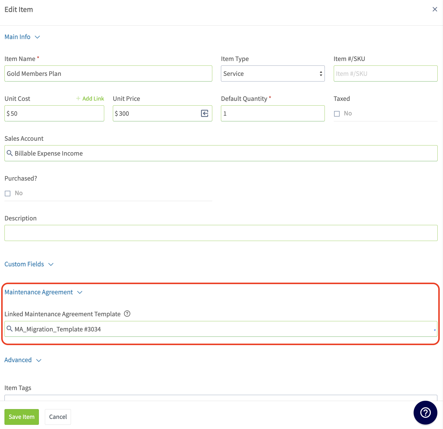 The Edit Item window with the Maintenance Agreement section expanded and a template selected in the Linked Maintenance Agreement Template field, above the Save Item button