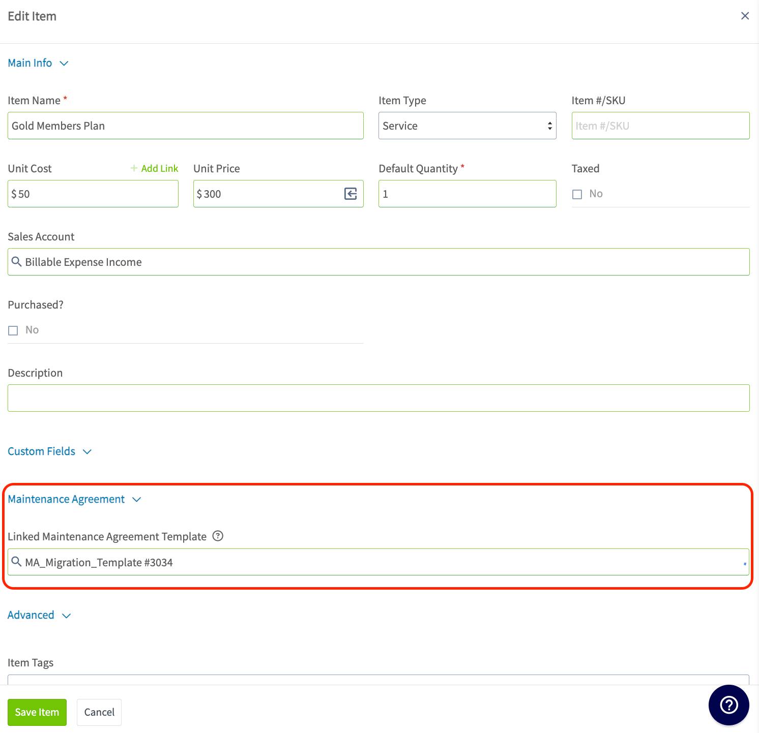 The Edit Item window with the Maintenance Agreement section expanded and a template selected in the Linked Maintenance Agreement Template field, above the Save Item button