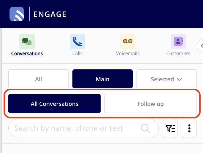 Engage Conversations list with the All Conversations and Follow up toggle above the search bar