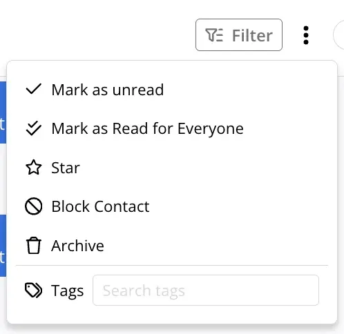 The three-dot menu on an Engage conversation with Mark as Read for Everyone and its double-check icon listed directly under Mark as unread