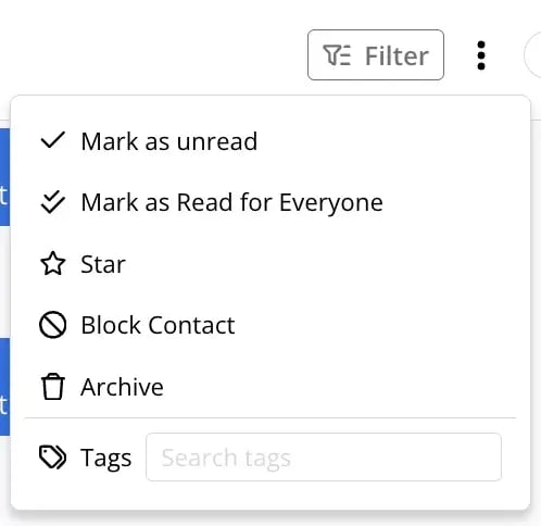 The three-dot menu on an Engage conversation with Mark as Read for Everyone and its double-check icon listed directly under Mark as unread