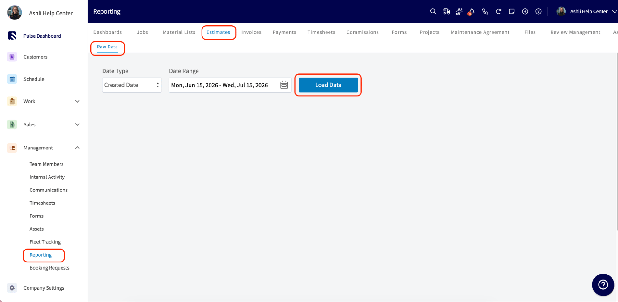 The Estimates Raw Data subtab with the Load Data button highlighted
