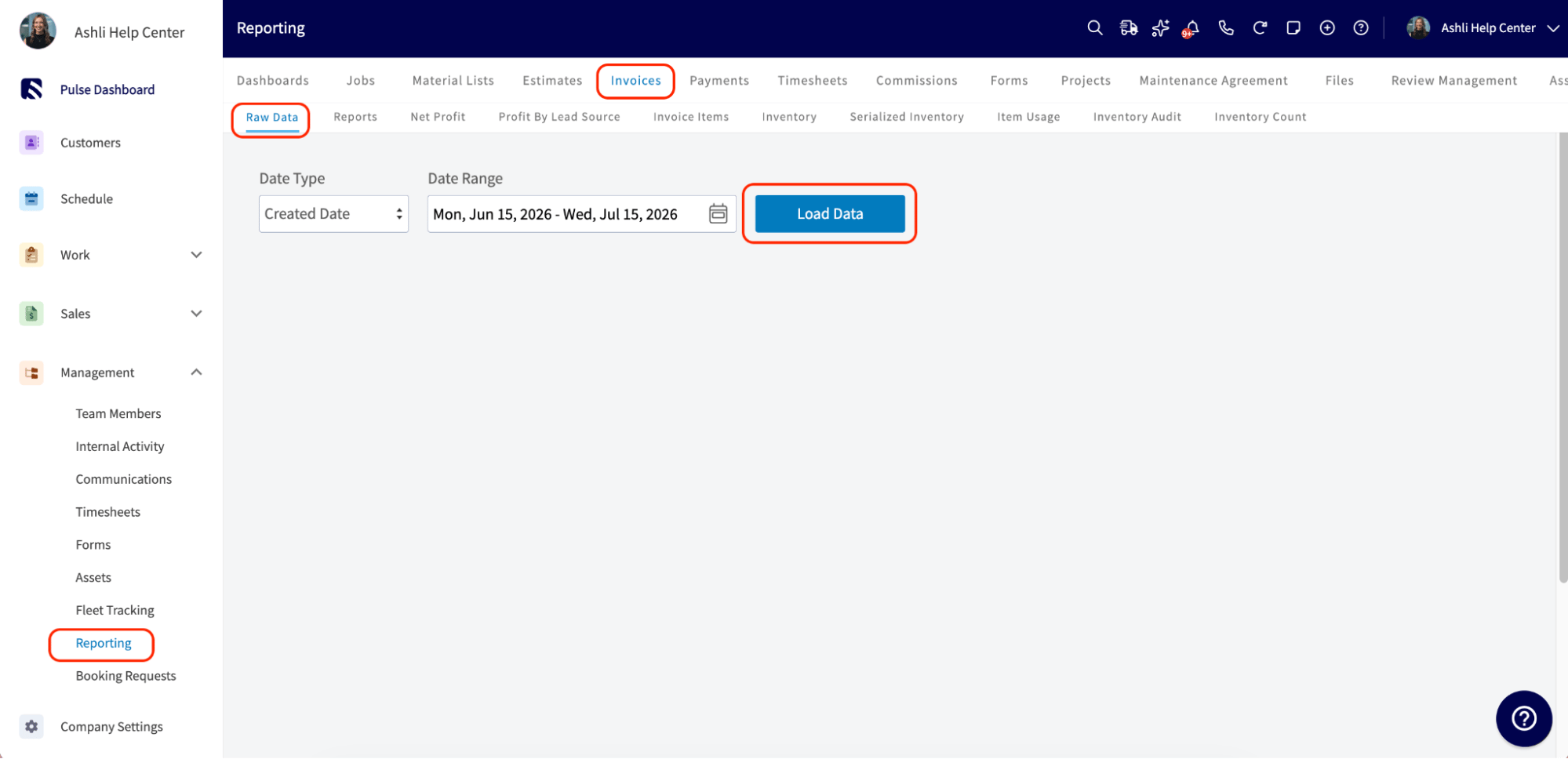 The Invoices Raw Data subtab with the Load Data button highlighted