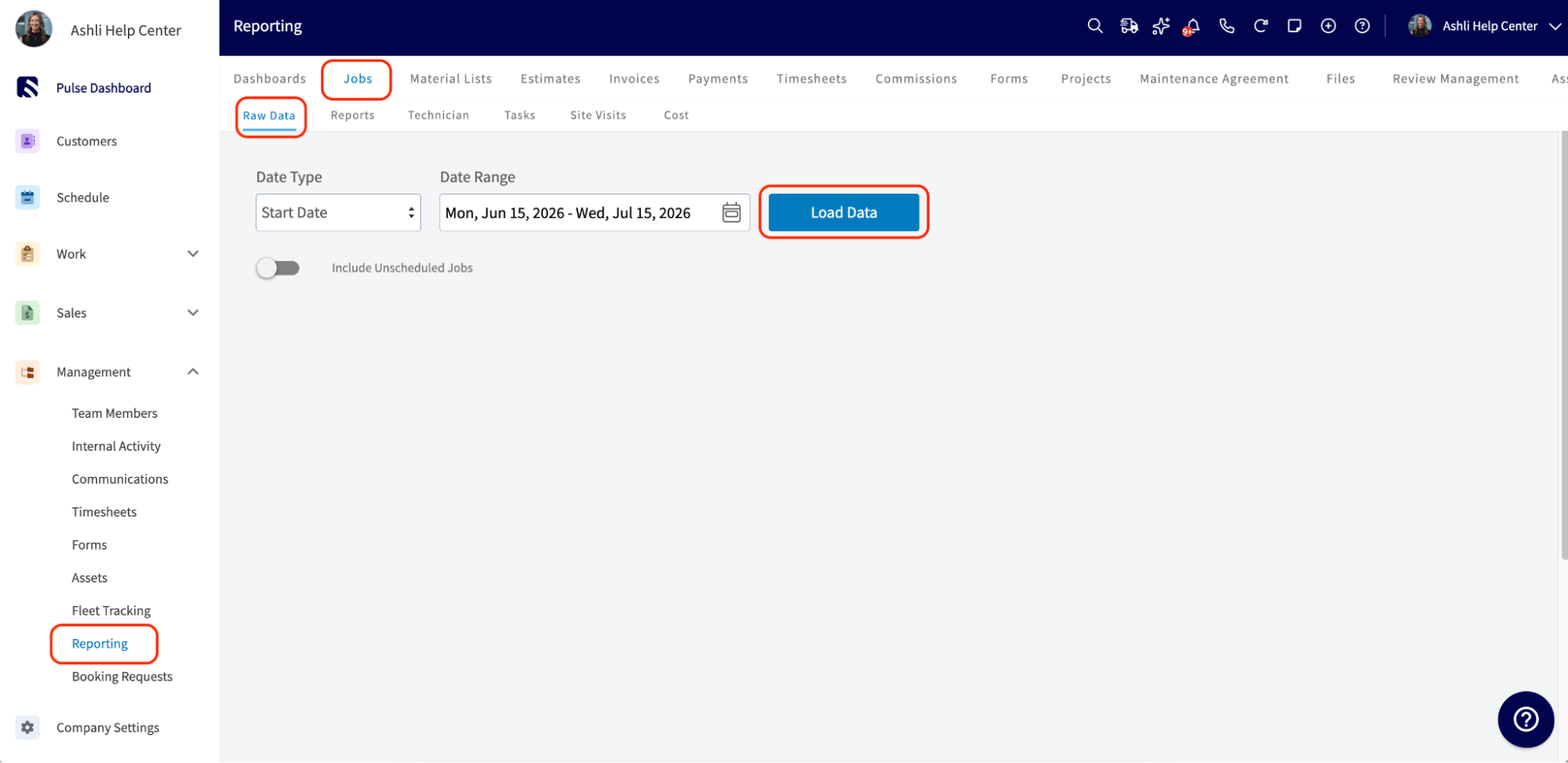 The Jobs Raw Data subtab with the Load Data button highlighted