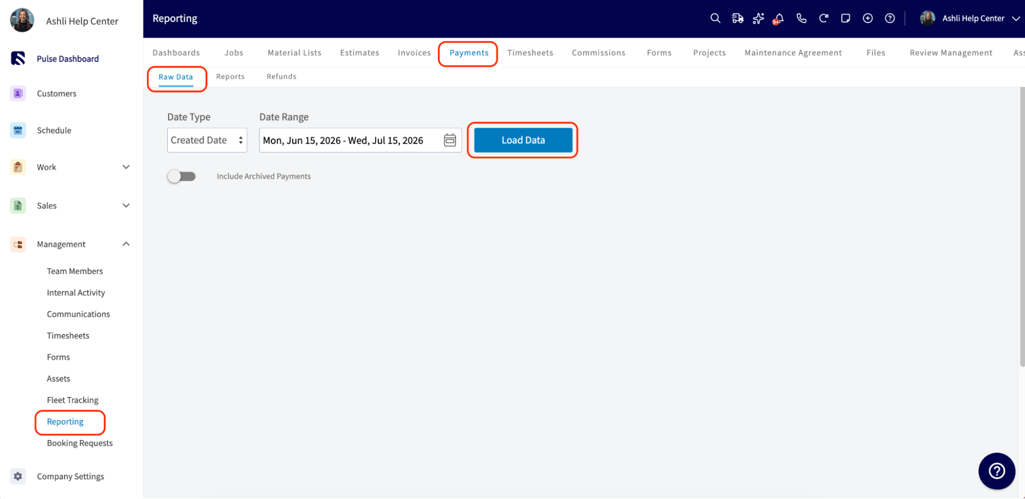 The Payments Raw Data subtab with the Load Data button highlighted