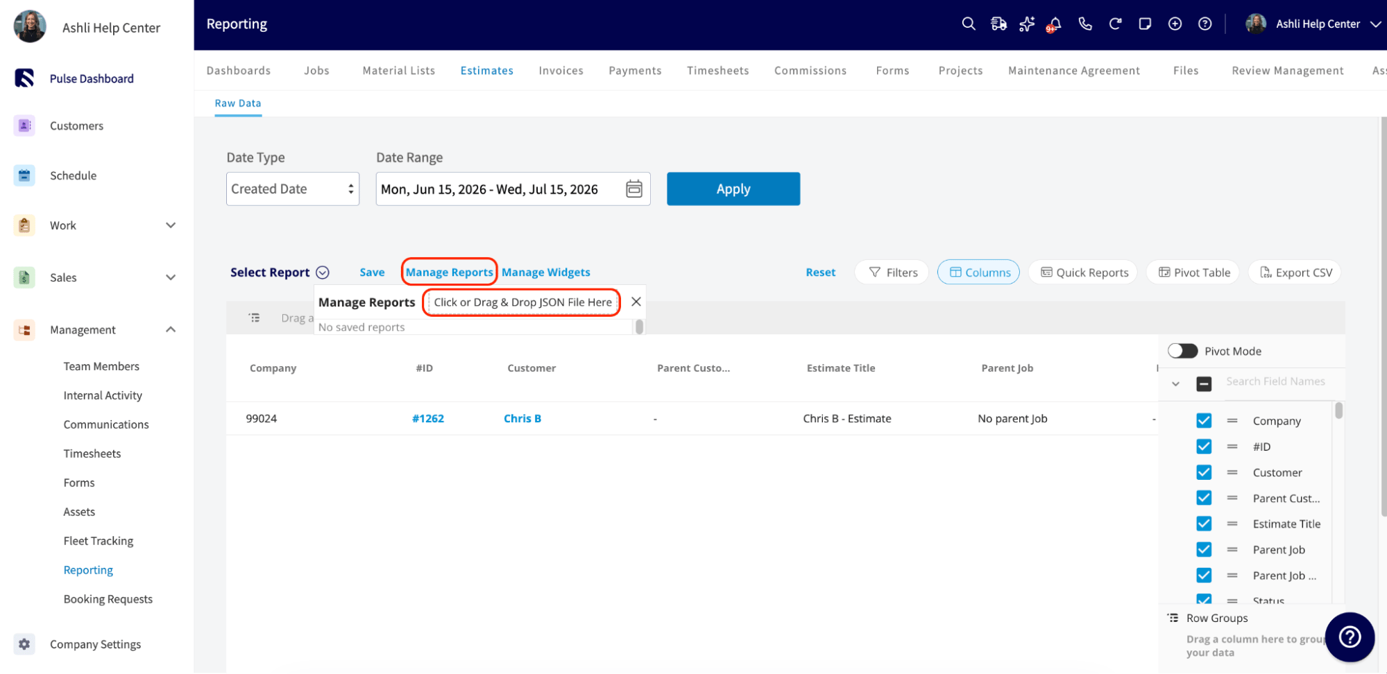 The Manage Reports drag-and-drop box on the Estimates tab for importing a JSON file