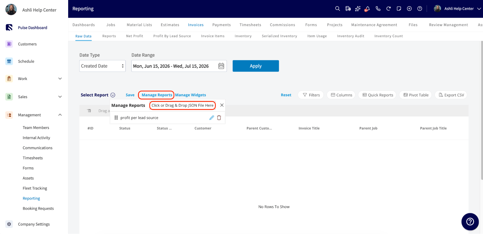 The Manage Reports drag-and-drop box on the Invoices tab for importing a JSON file