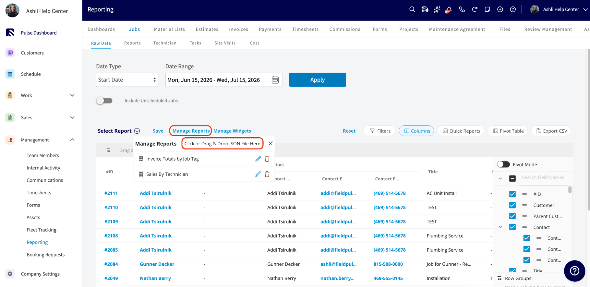 The Manage Reports drag-and-drop box on the Jobs tab for importing a JSON file