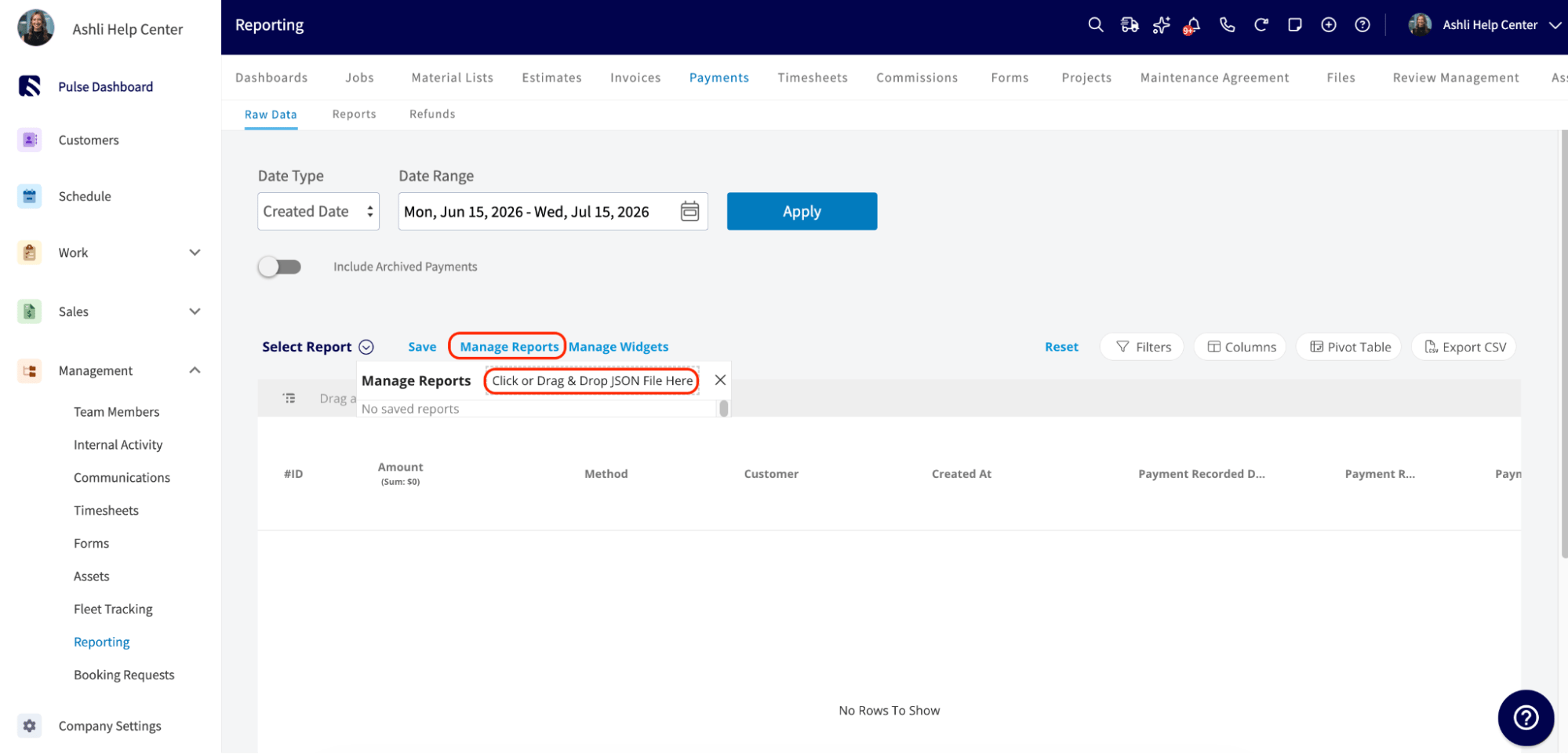 The Manage Reports drag-and-drop box on the Payments tab for importing a JSON file