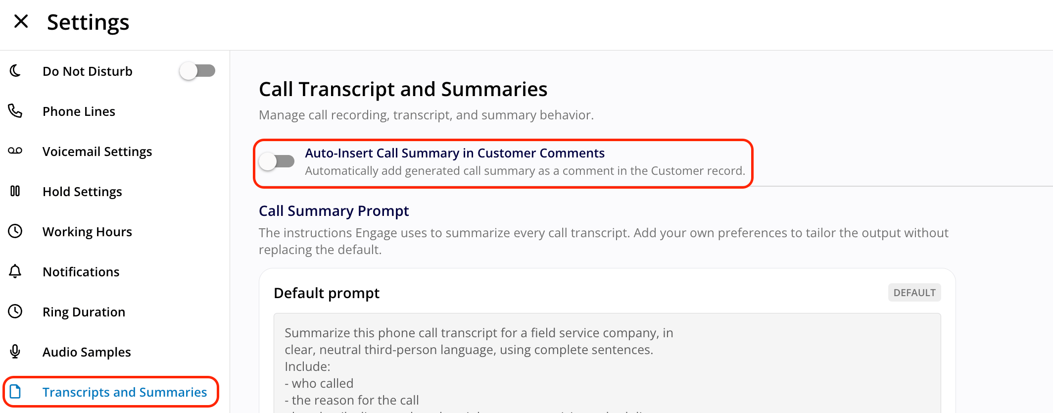 Transcripts and Summaries settings page with the Auto-Insert Call Summary in Customer Comments toggle highlighted and turned off