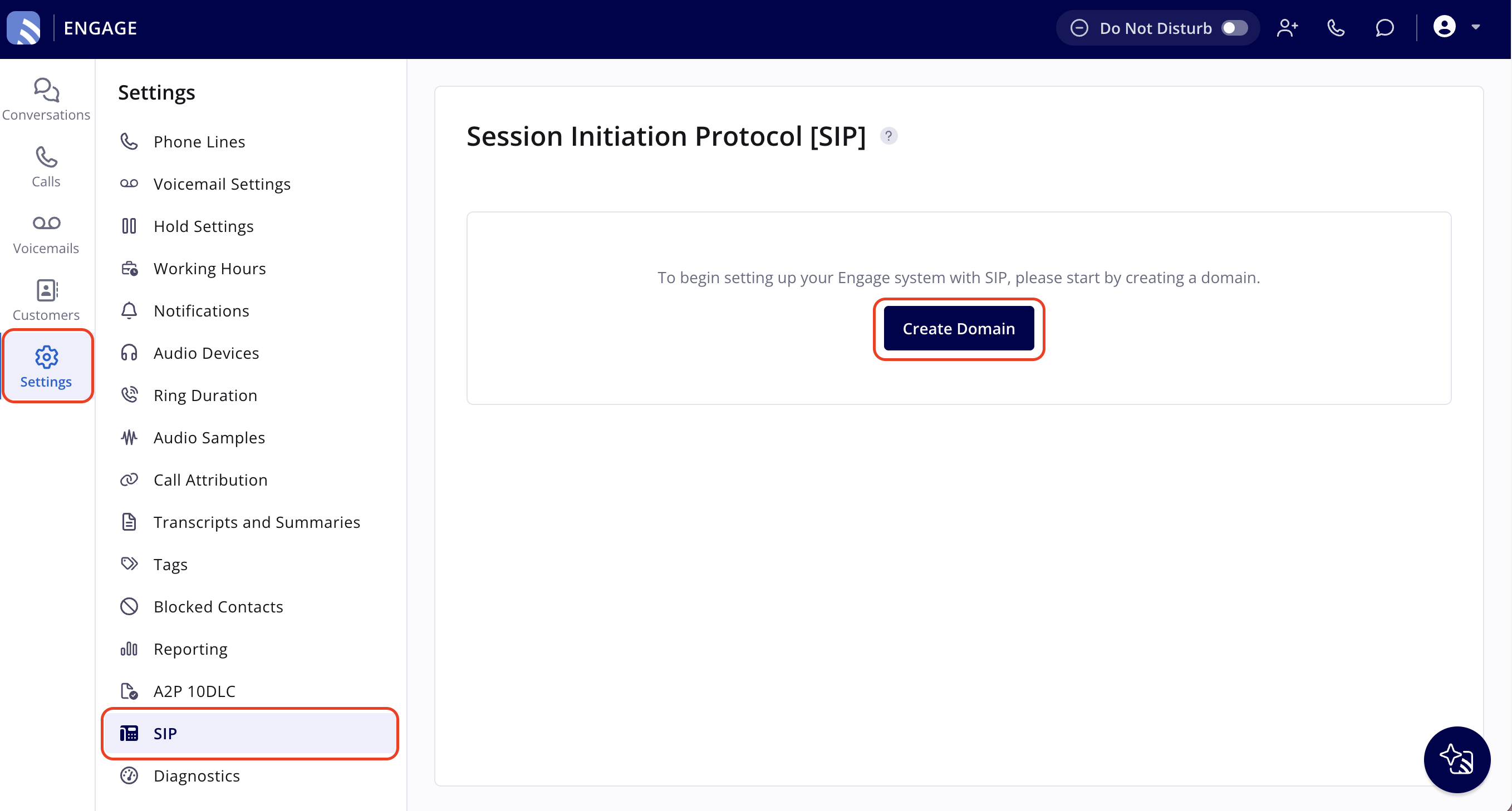Engage with Settings highlighted in the left navigation bar, SIP highlighted in the Settings list, and the Create Domain button highlighted on the Session Initiation Protocol [SIP] page