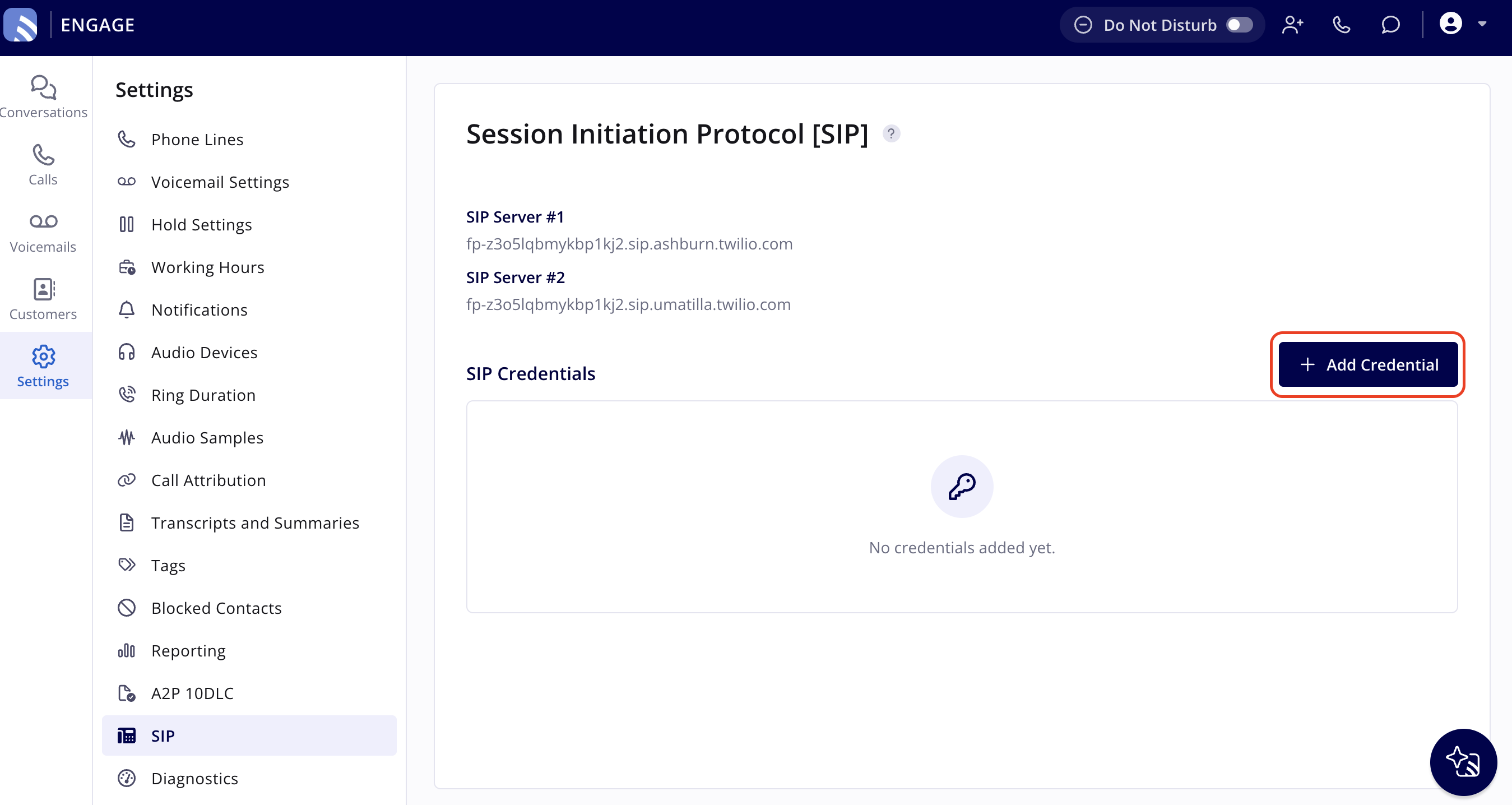 The Session Initiation Protocol [SIP] page showing the SIP Server #1 and SIP Server #2 hostnames, with the Add Credential button highlighted under SIP Credentials