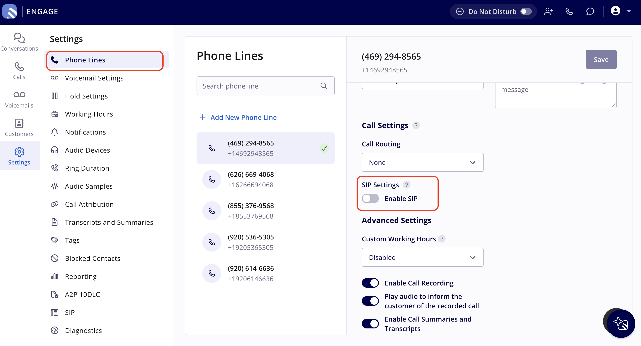 Engage Settings with Phone Lines highlighted, a phone line selected, and that line's SIP Settings header and Enable SIP toggle highlighted