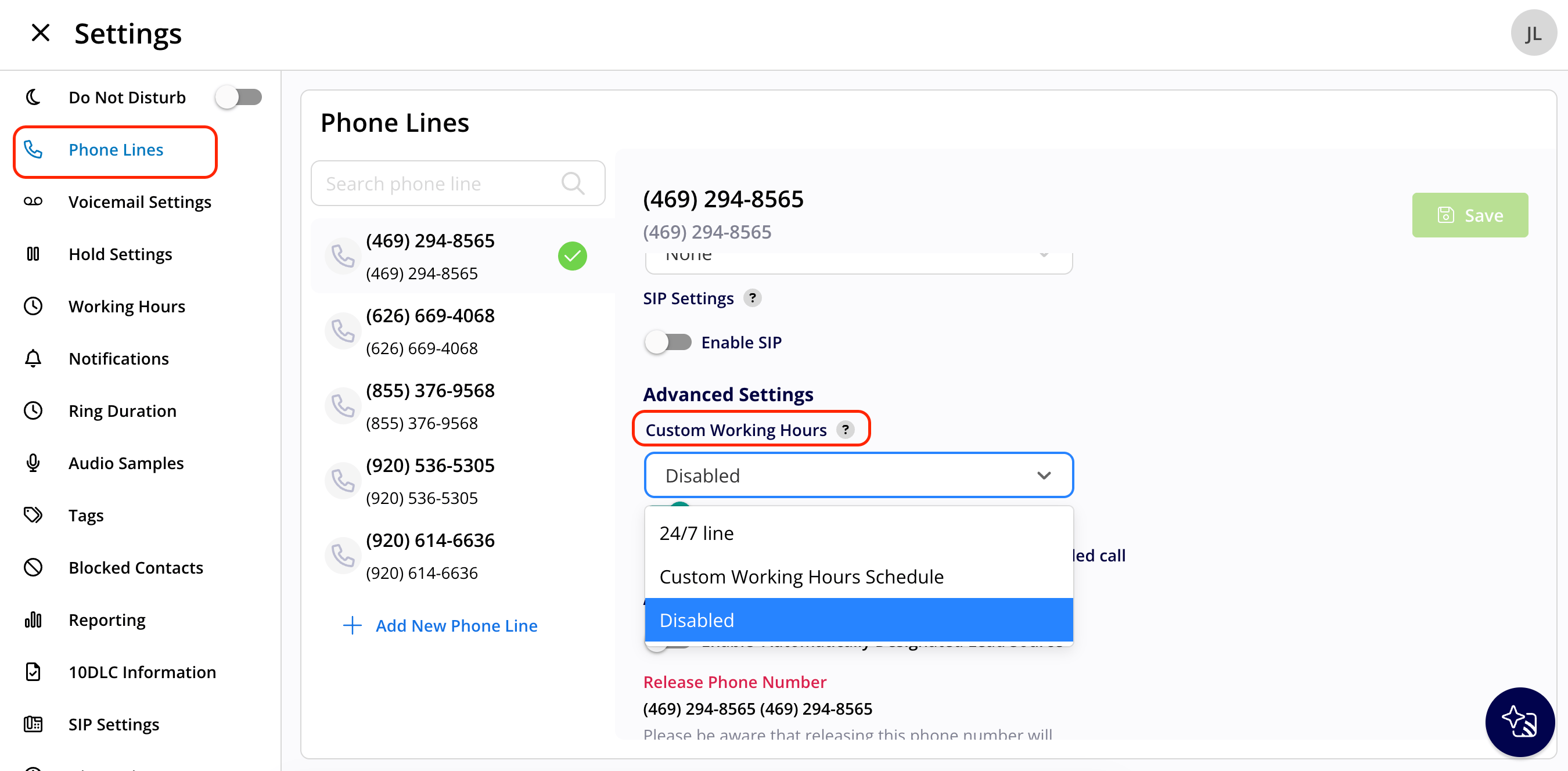 The Custom Working Hours dropdown under a phone line's Advanced Settings, showing the Disabled, Custom Working Hours Schedule, and 24/7 line options.