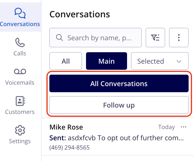Engage Conversations list with the All Conversations and Follow up buttons below the search bar and the All, Main, and Selected tabs