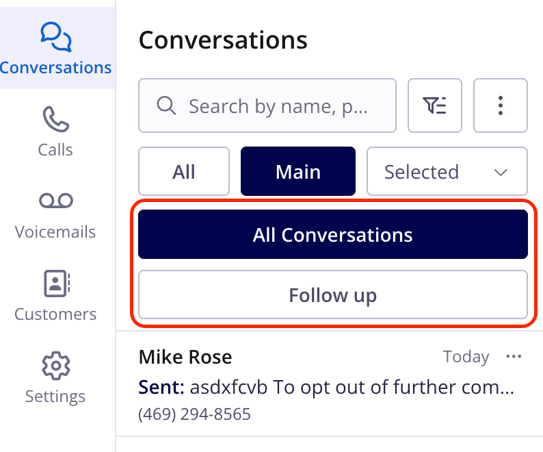 Engage Conversations list with the All Conversations and Follow up buttons below the search bar and the All, Main, and Selected tabs