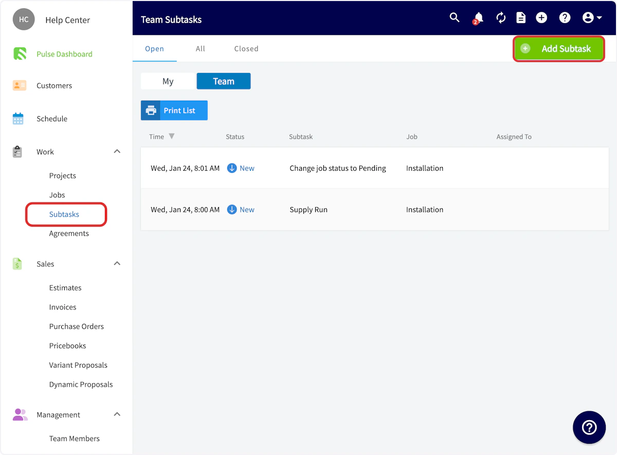 Click on Add Subtask