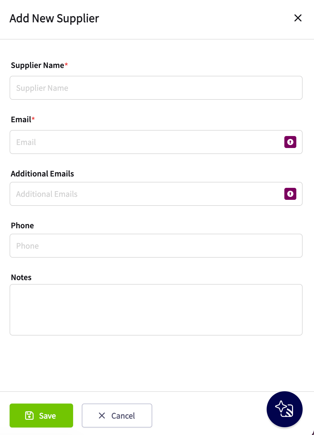 Add New Supplier modal with name, email, phone, and notes fields