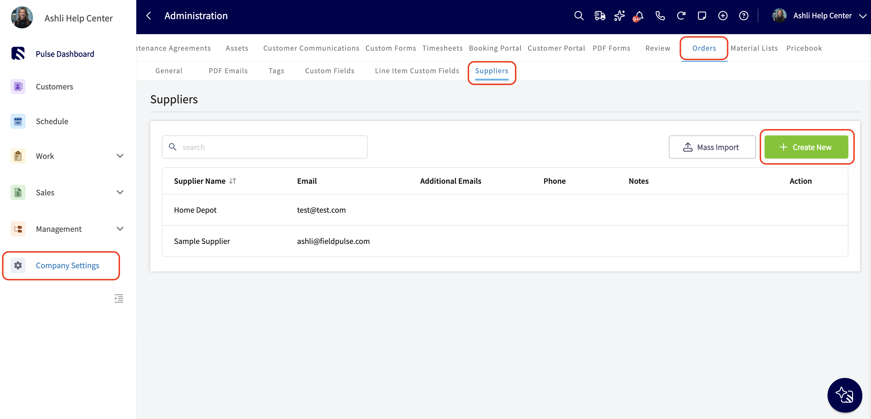 Suppliers tab under Company Settings Orders with the Create New button highlighted