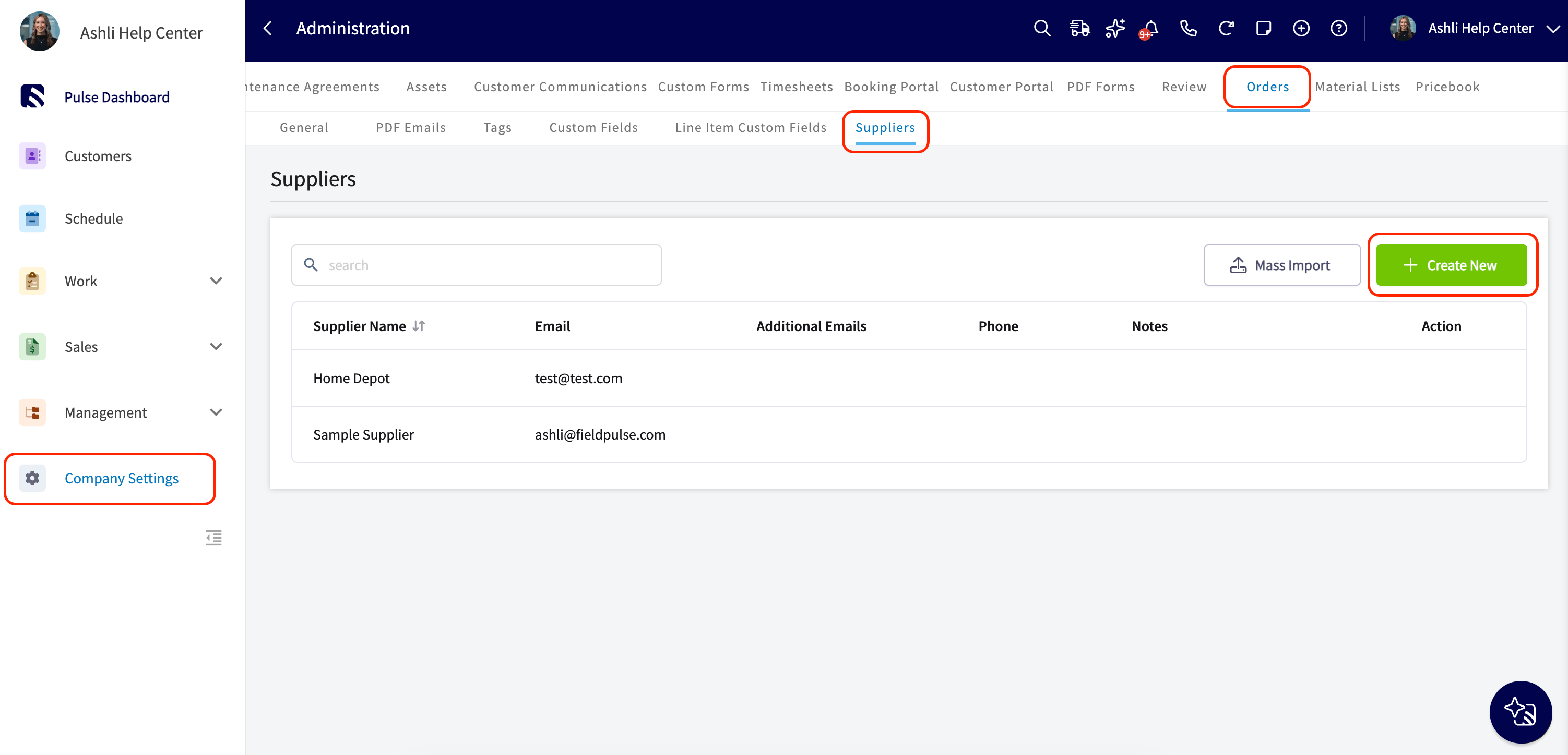 Suppliers tab under Company Settings Orders with the Create New button highlighted