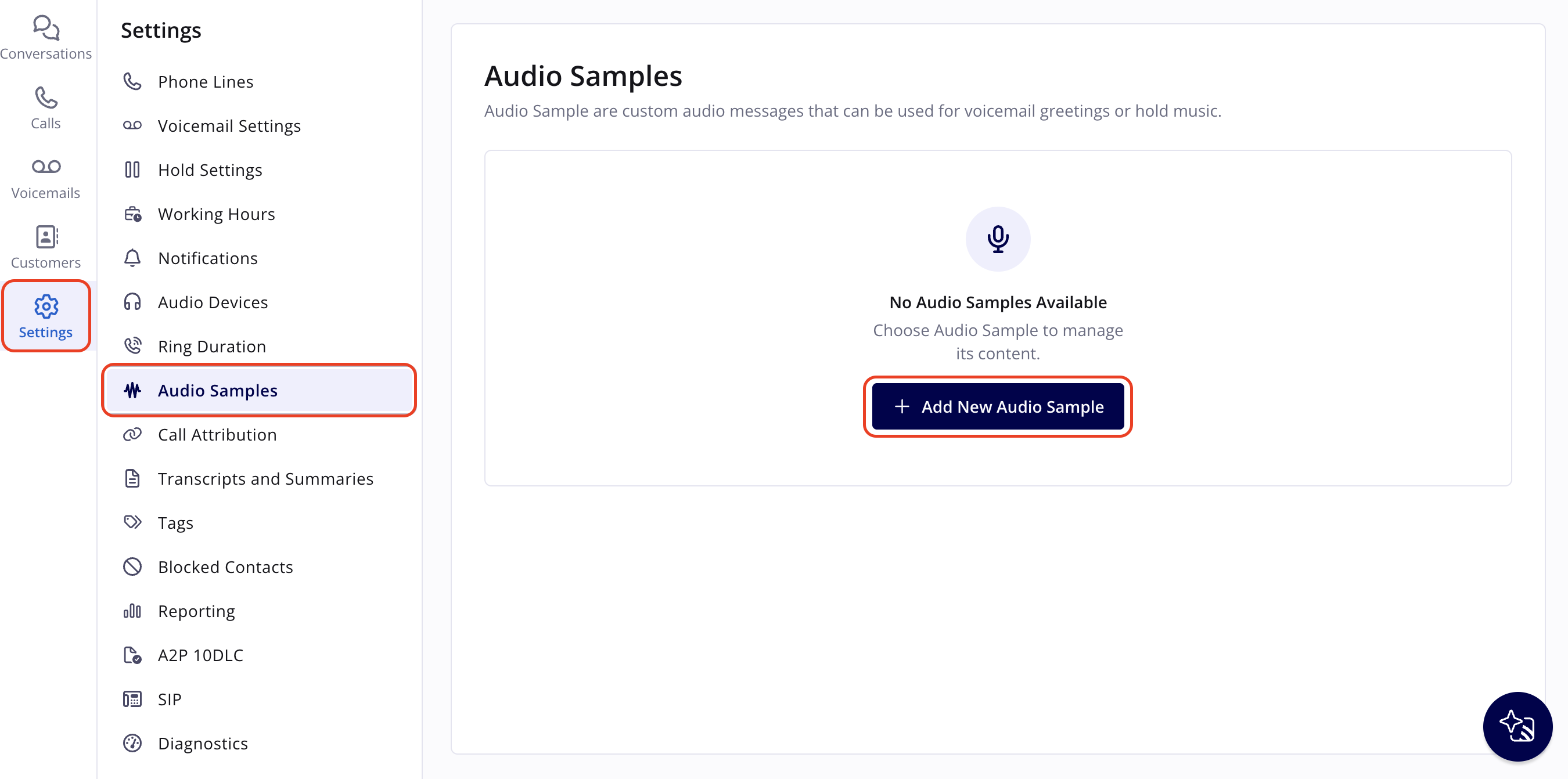 Engage Settings opened from the left navigation bar, with Audio Samples selected and the Add New Audio Sample button