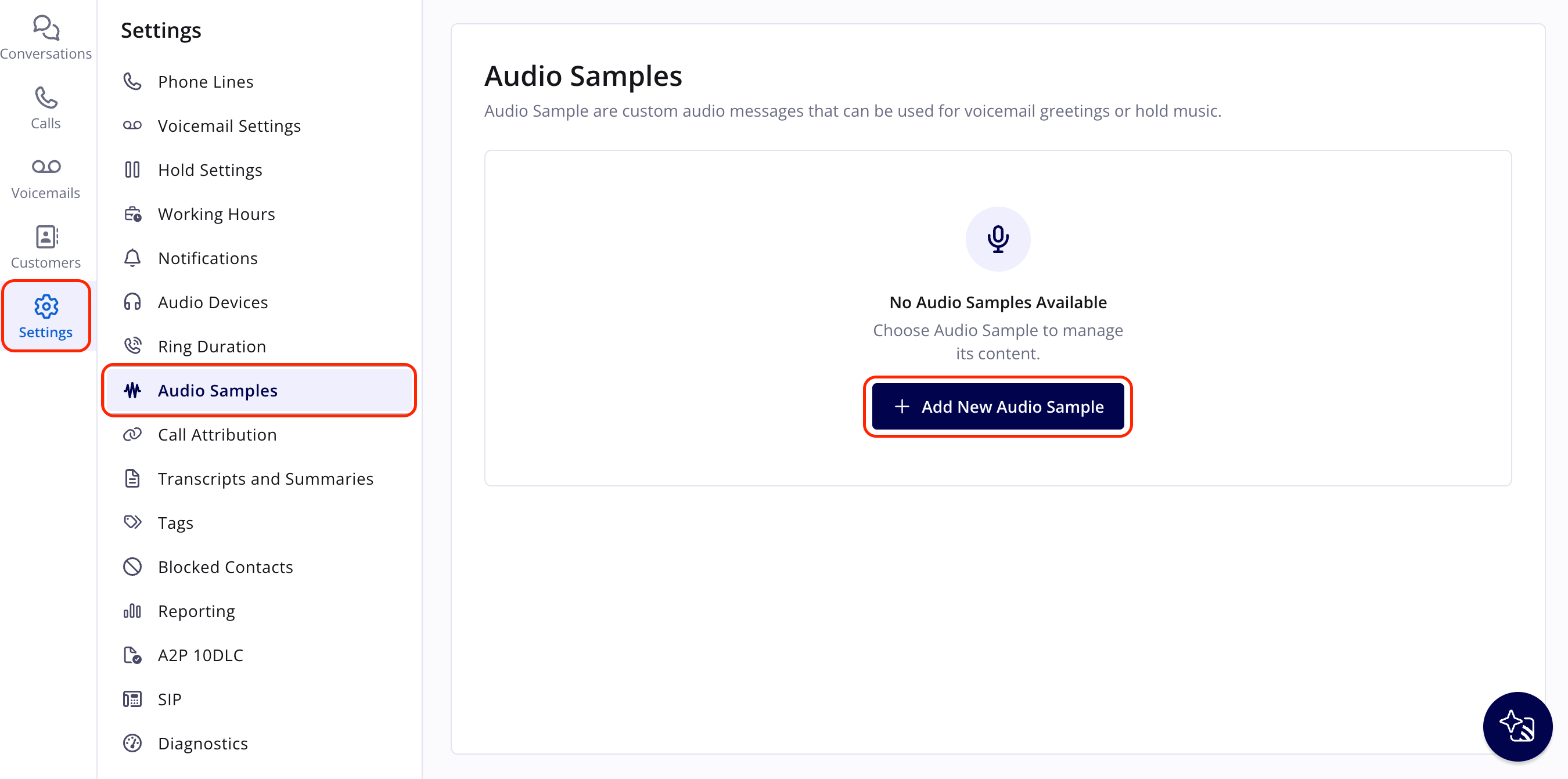 Engage Settings opened from the left navigation bar, with Audio Samples selected and the Add New Audio Sample button