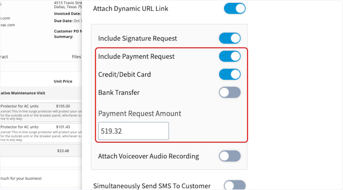 Click on Include Payment Request