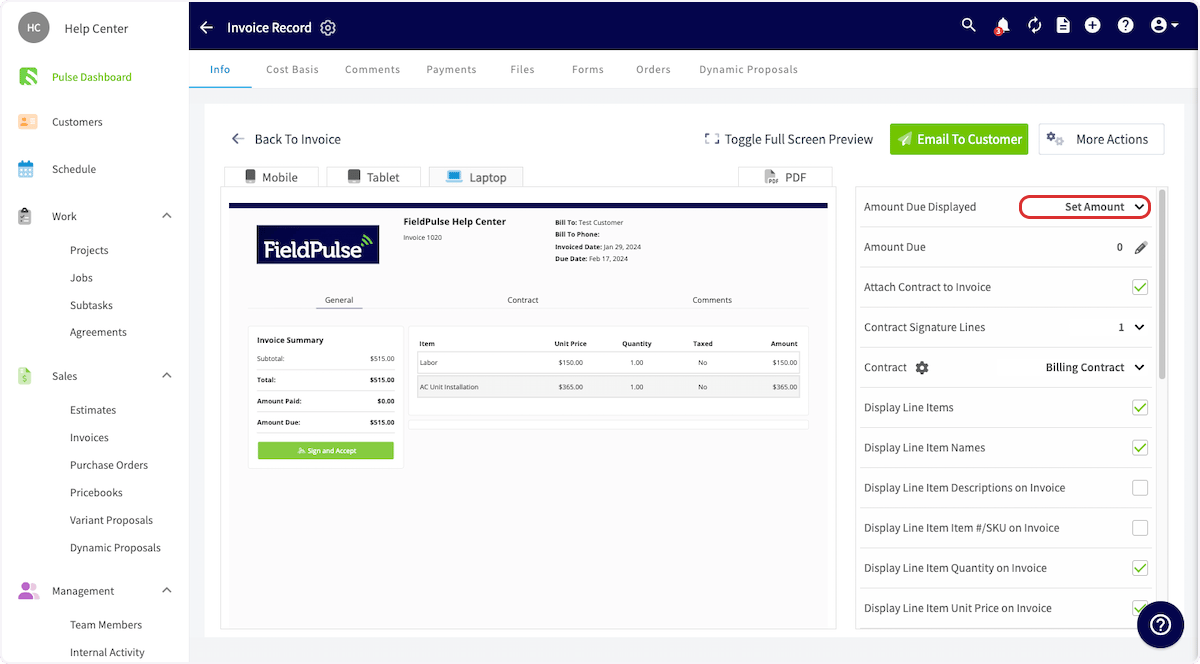 Select Set Amount from Amount Due Displayed