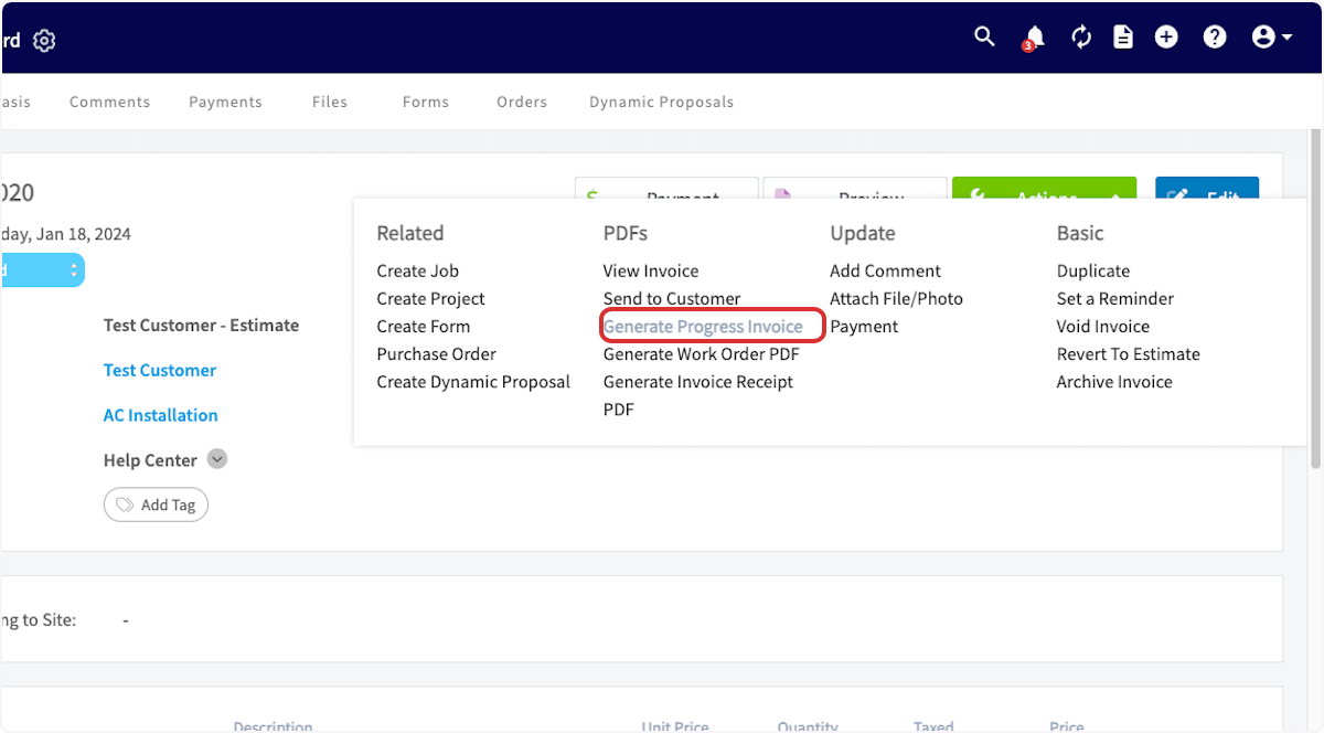 Click on Generate Progress Invoice