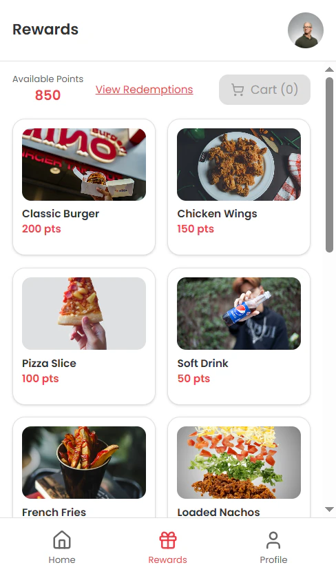 Mobile App Rewards Catalog Empty Cart