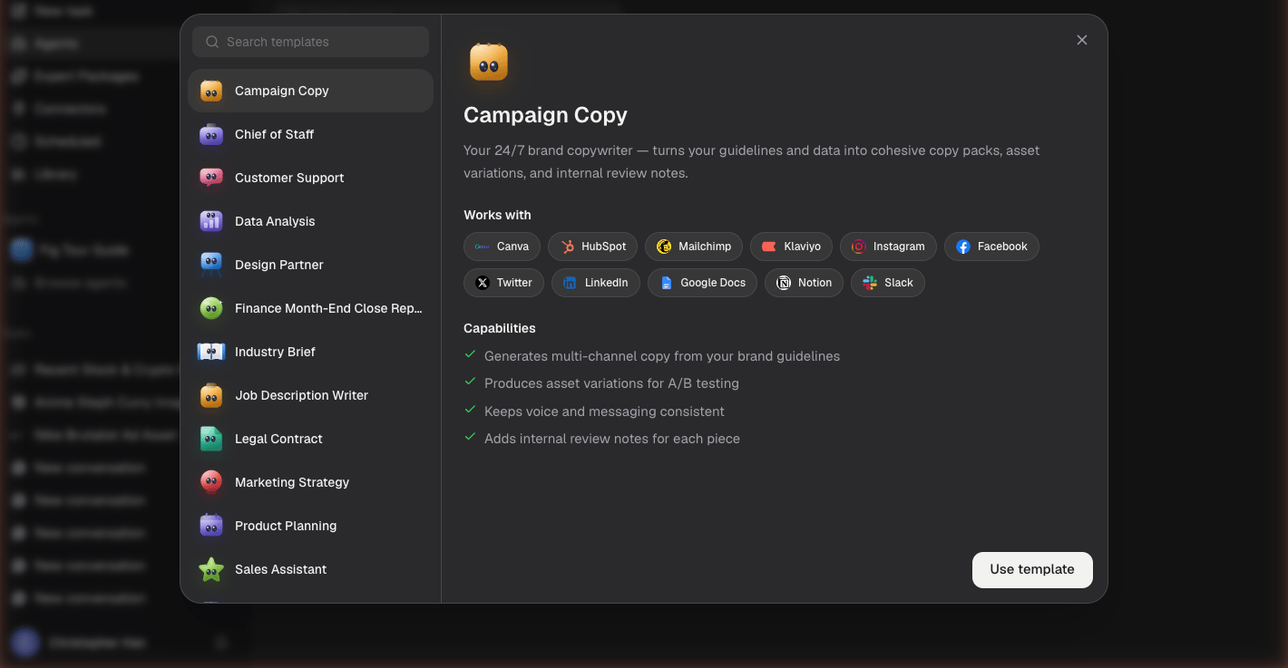 Fig Super Agents template catalog — Campaign Copy, Chief of Staff, Data Analysis and more, with the apps each works with and its capabilities