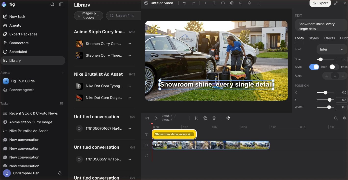 Fig video editor showing a multi-track timeline and a caption rendered over the video