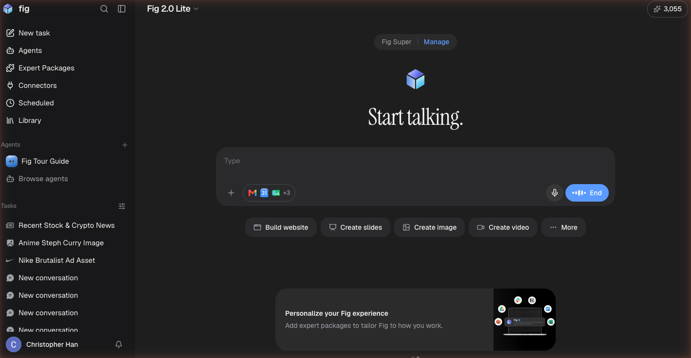 Fig voice agent in-call view showing 'Start talking' and a live End control