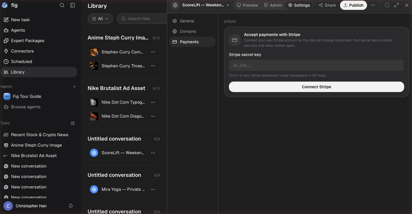 A Fig website's Settings with the Payments tab open, showing the Connect Stripe option