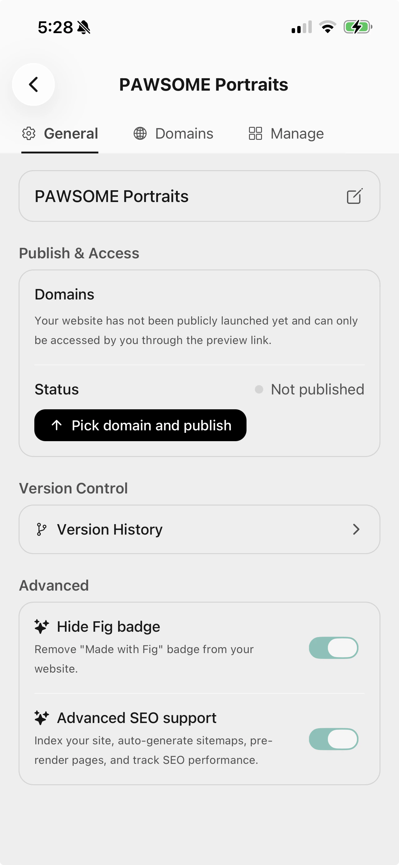Fig website settings showing publish status and the Pick domain and publish button
